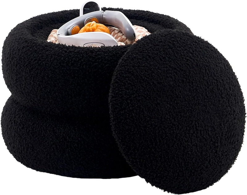 Storage Ottoman,Soft Teddy Velvet Upholstered Footrest,Mordern round Footstool w8