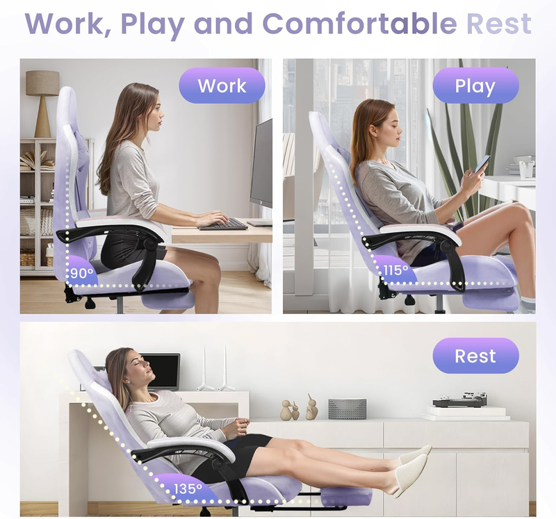 Video Gaming Chair with Footrest Lumbar Recliner Adjustable Fabric Chair Purple6