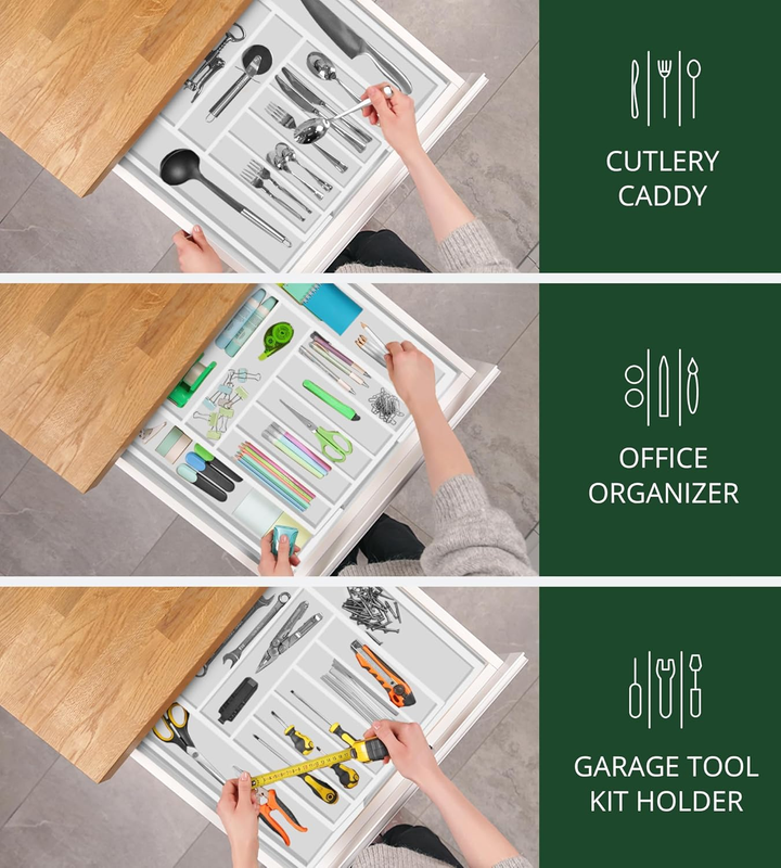 Bamboo Kitchen Drawer Organizer 9 Slot Silverware Utensil Tray White7