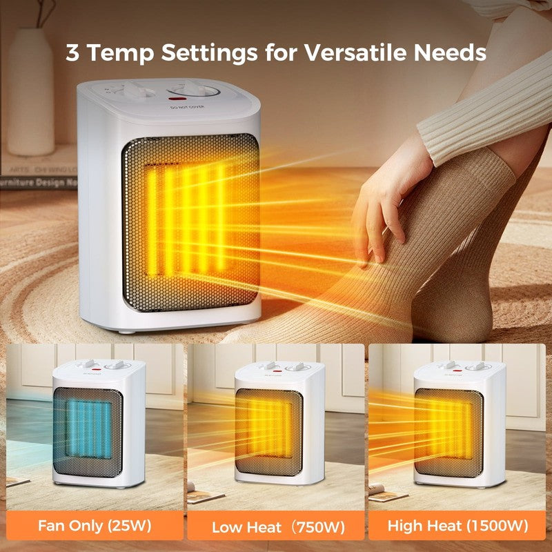 750W/1500W Ceramic Space Heater, 2S Heat, Small, Safe, for Indoor Use, White3