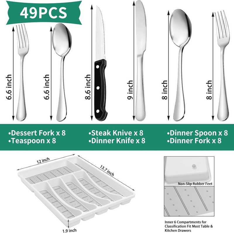 49Pc Stainless Steel Silverware Set for 8 w/ Organizer Steak Knives1