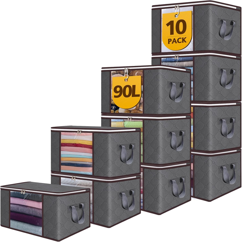 10 Pack 90L Large Storage Bags, Foldable Clothes Closet Organizers9