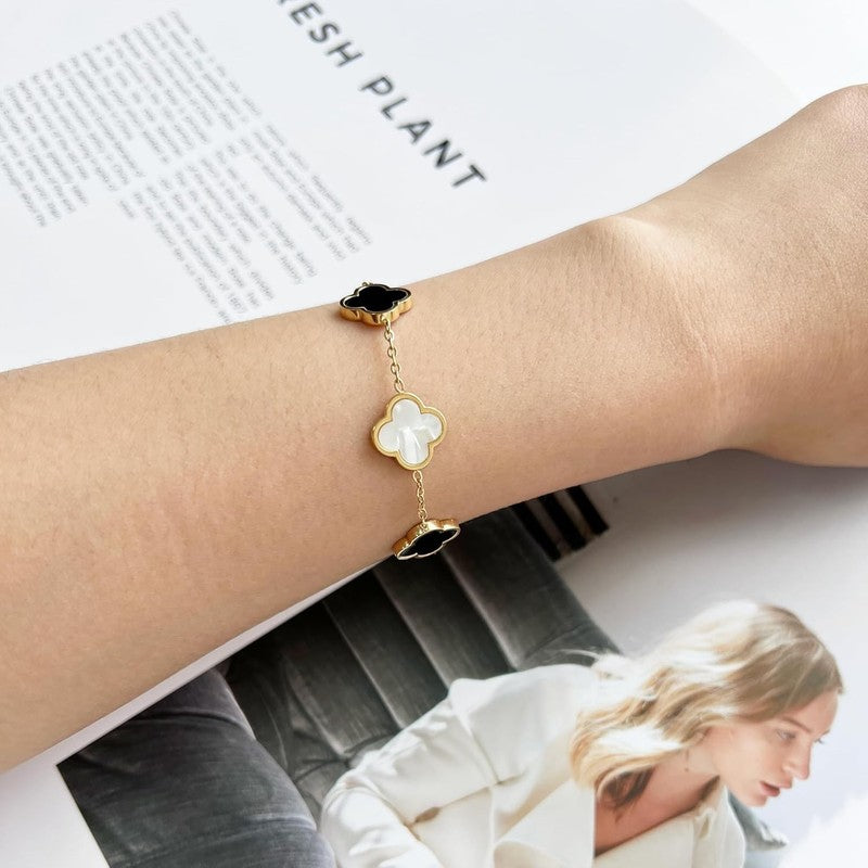 18K Gold Plated Clover Bracelet Women 4-Leaf Flower White Black3