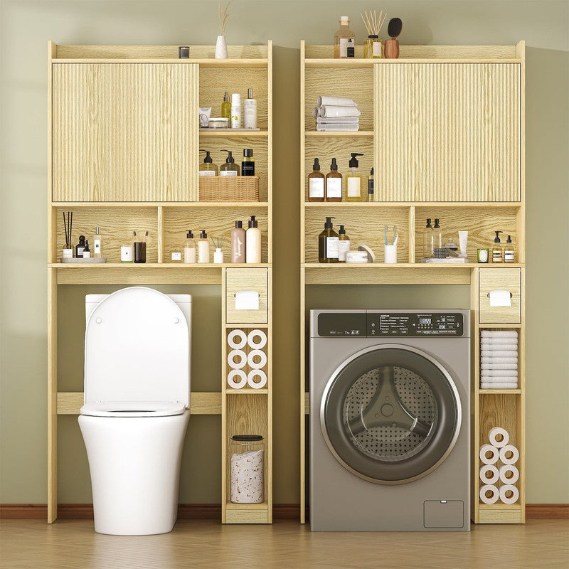 Over the Toilet Storage Cabinet with 2 Sliding Doors & Toilet Paper Holder, Free5