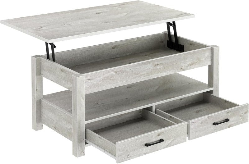 Lift Top Coffee Table w/ Drawers Hidden Compartment Wooden Table Grey7