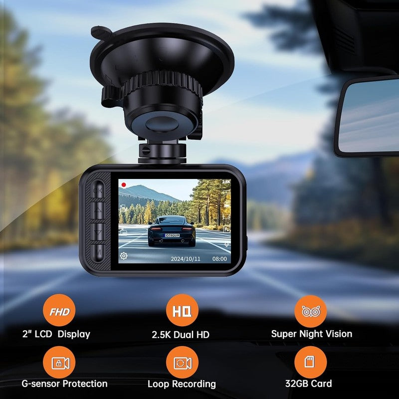 2.5K Dual Dash Cam with Night Vision, 32GB Card, G Sensor, 24 Hour Monitor1