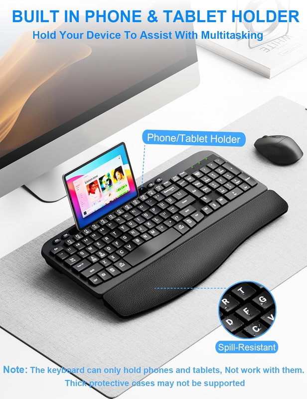 Wireless Keyboard and Mouse Combo, Wave Keys Computer Ergonomic Keyboard with Cu7