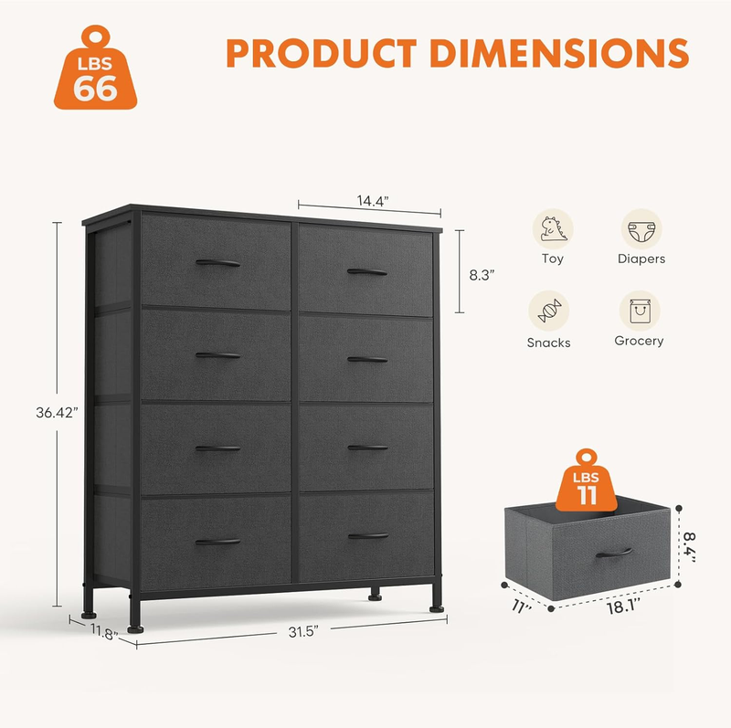 8 Drawer Fabric Dresser Storage Tower Steel Frame Wood Top Grey2