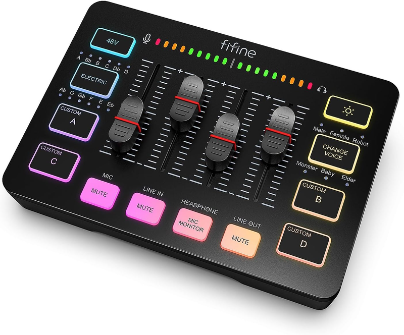 Gaming Audio Mixer RGB PC Mixer w/ XLR Mic Phantom Power Mute SC310