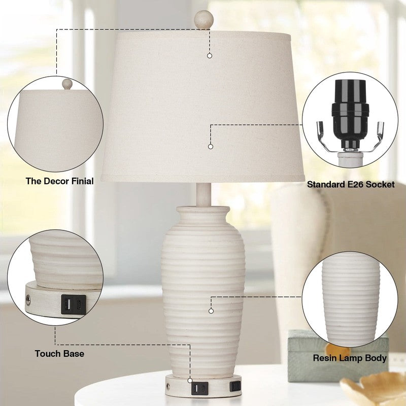 Set of 2 24 Inch Touch Control Table Lamps USB C AC Outlet Farmhouse White Resin1