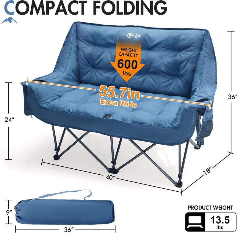 Double Camping Chair 2 Person Folding Loveseat 600lbs Cup Holder Portable2