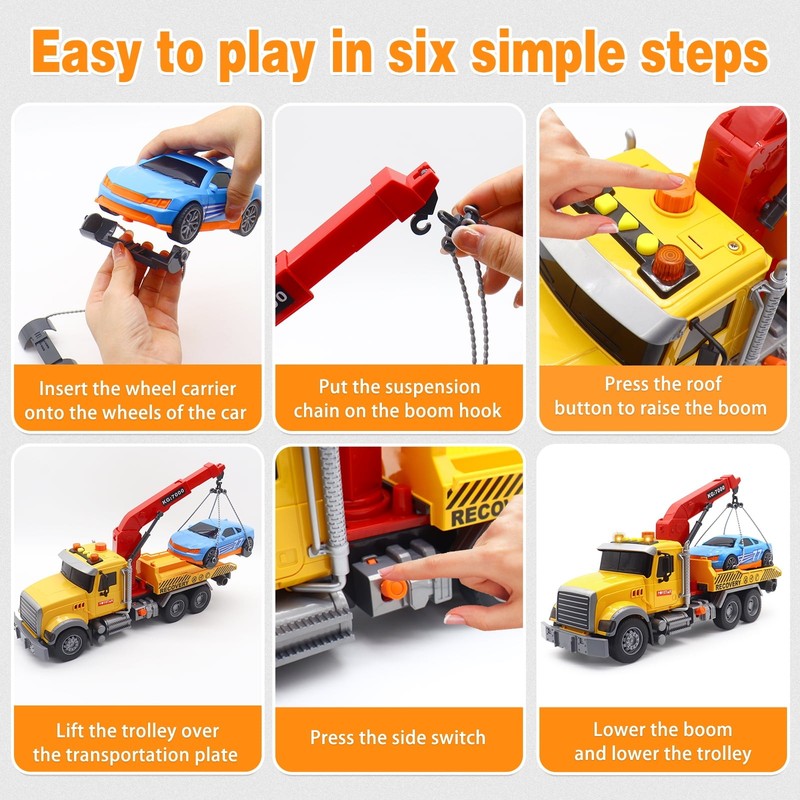 Kids Tow Truck with Car Toys, 15" Large Tow Truck Toy, Friction Powered Transpor2