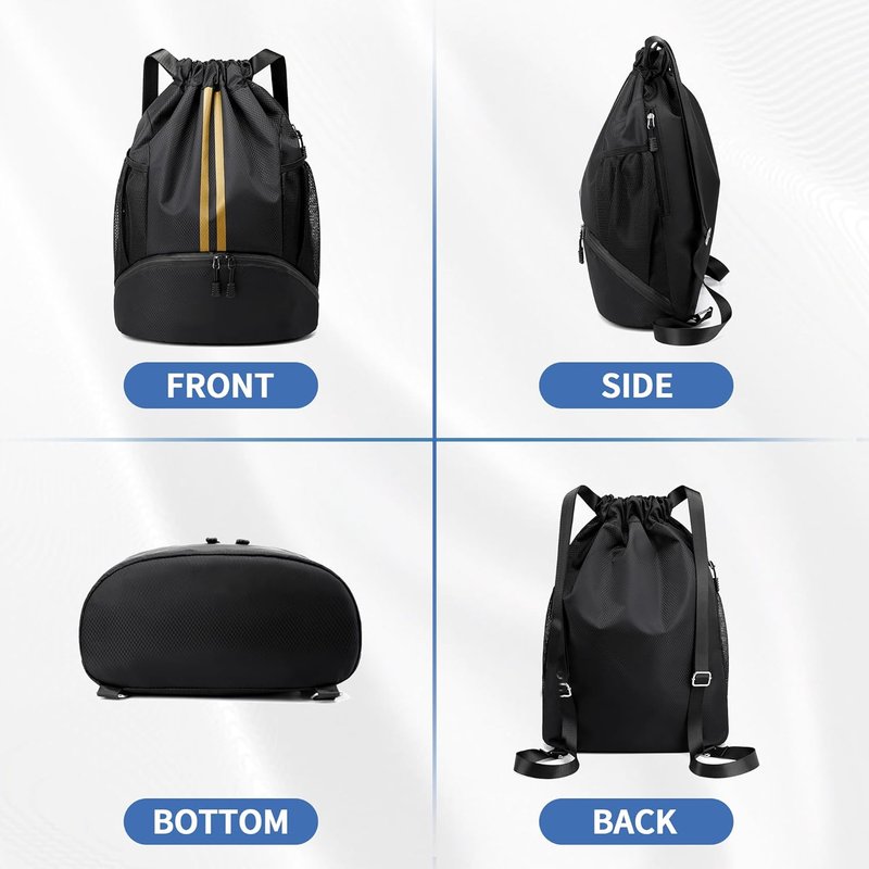 Drawstring Backpack Gym Bag w/ Shoe Compartment Water Resistant Cinch Black Gold4