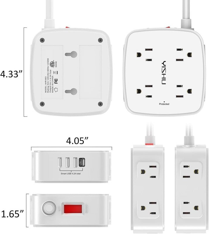 6 Ft Surge Protector Power Strip   8 Widely Outlets with 4 USB Ports, 3 Side Out6