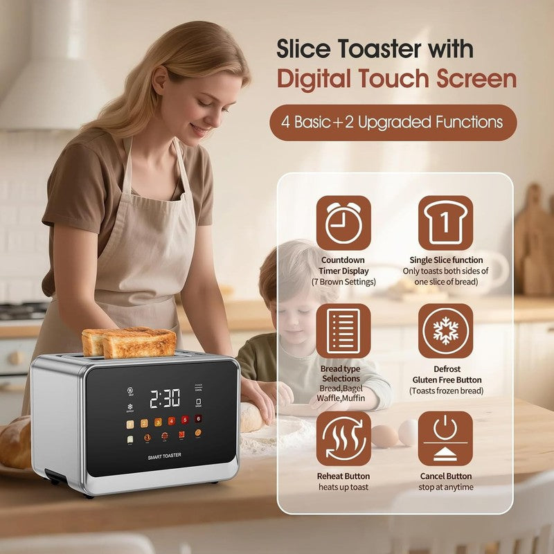 2-Slice Touch Screen Toaster Stainless Steel 6 Bread Types 6 Shade Settings LCD4