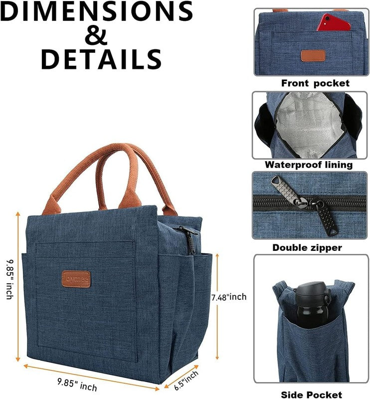 Insulated Lunch Bag for Women Men Large Reusable Tote w/ Bottle Holder Navy Blue1