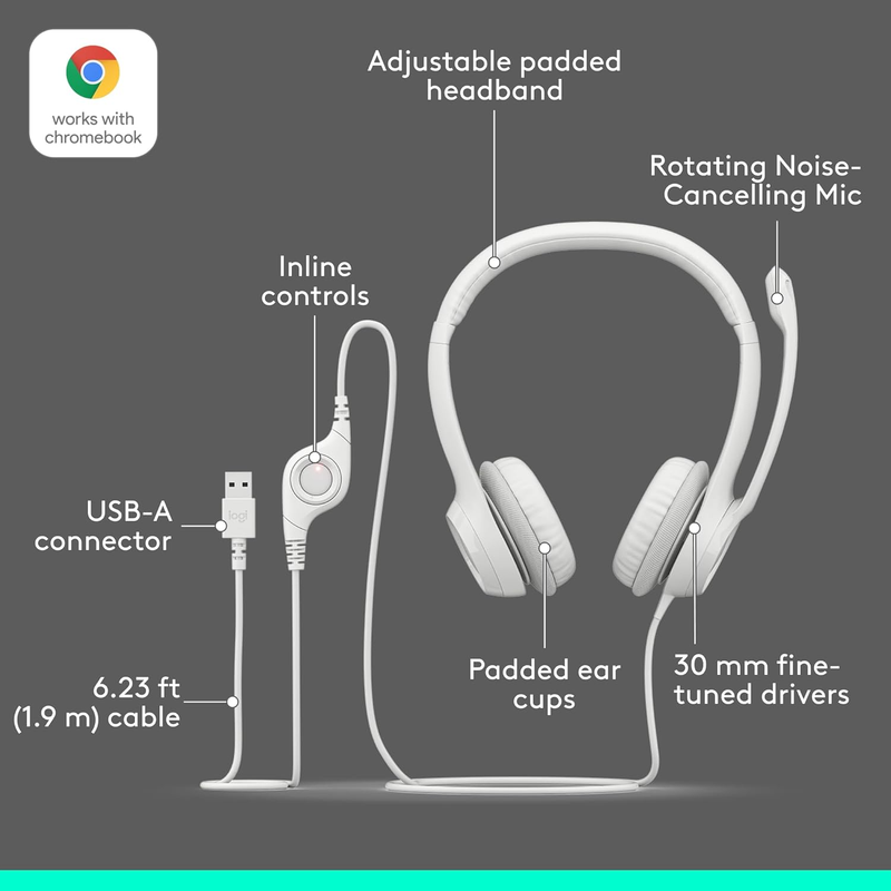 H390 Wired USB Headset for PC/Laptop, Noise Cancelling Mic, Chromebook USB-A5