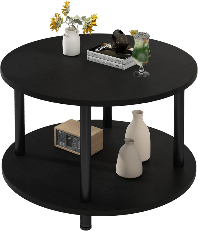 Round 2 Tier Coffee Table with Storage 23.6" Metal Frame, Black0