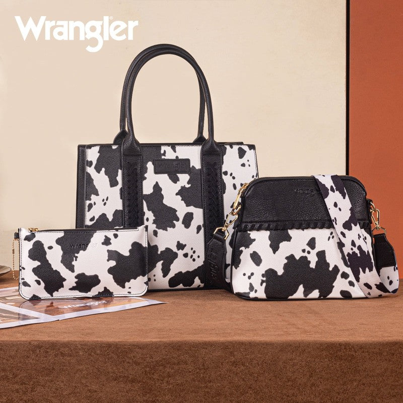 Wrangler 3Pc Handbag Set Tote Crossbody Purse Wallet Cow Print Black5