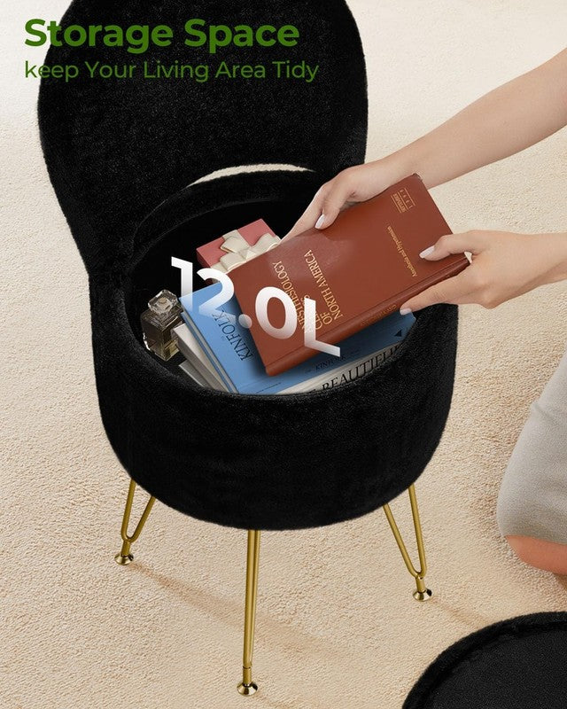 Faux Fur Vanity Stool Chair w/Storage Folding Back Ottoman Black3