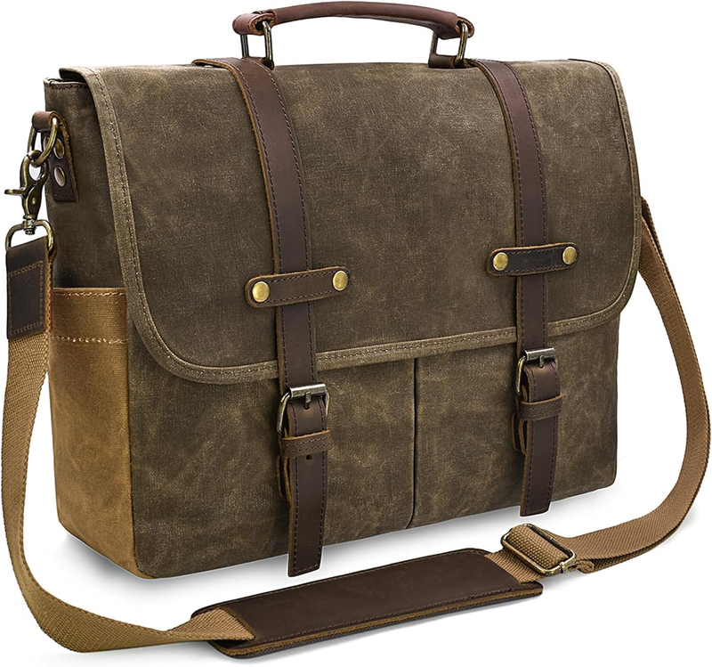 Men's 15.6" Waterproof Leather Canvas Laptop Messenger Bag Coffee Satchel10