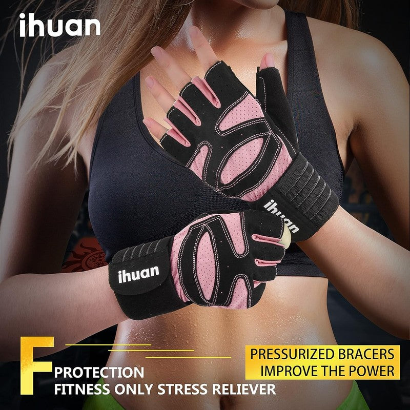 Ventilated Weightlifting Gloves with Wrist Wrap Support for Men and Women Pink4