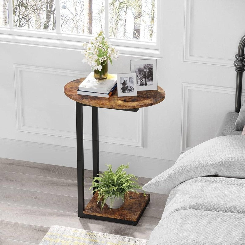 Rustic Brown C Shaped Side End Table Wood Sofa Table Metal Frame6
