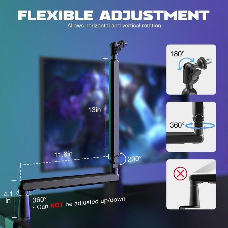 Low Profile Adjustable Boom Arm Mic Stand with Desk Clamp for Podcast Streaming4