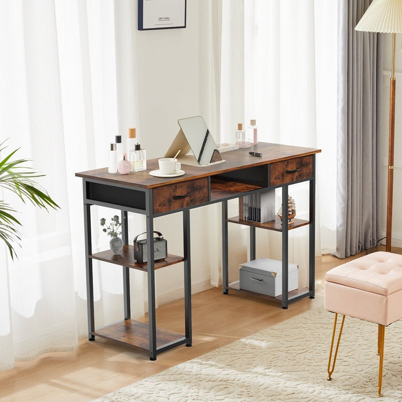 48" Small Desk w/ Fabric Drawers & Shelves Computer/Writing Desk Rust Brown2