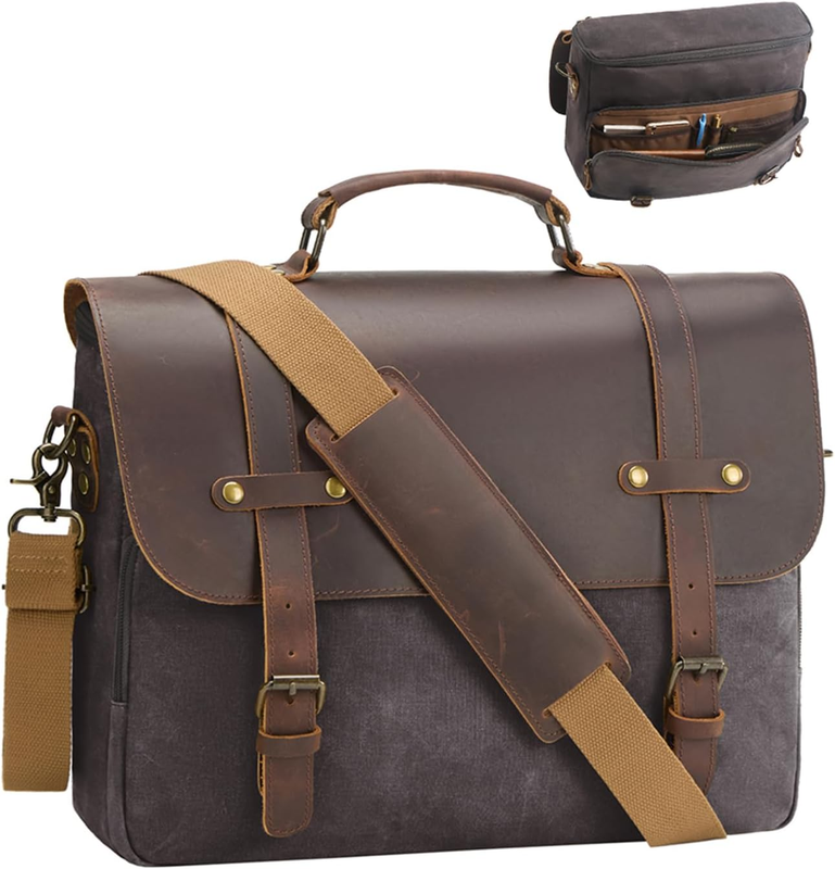 Mens Waxed Canvas Messenger Bag 16 Laptop Briefcase Leather Waterproof Satchel8