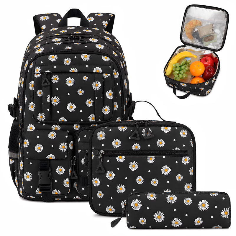 Kids Backpack Set w/ Lunch Bag & Pencil Case Black Flower9