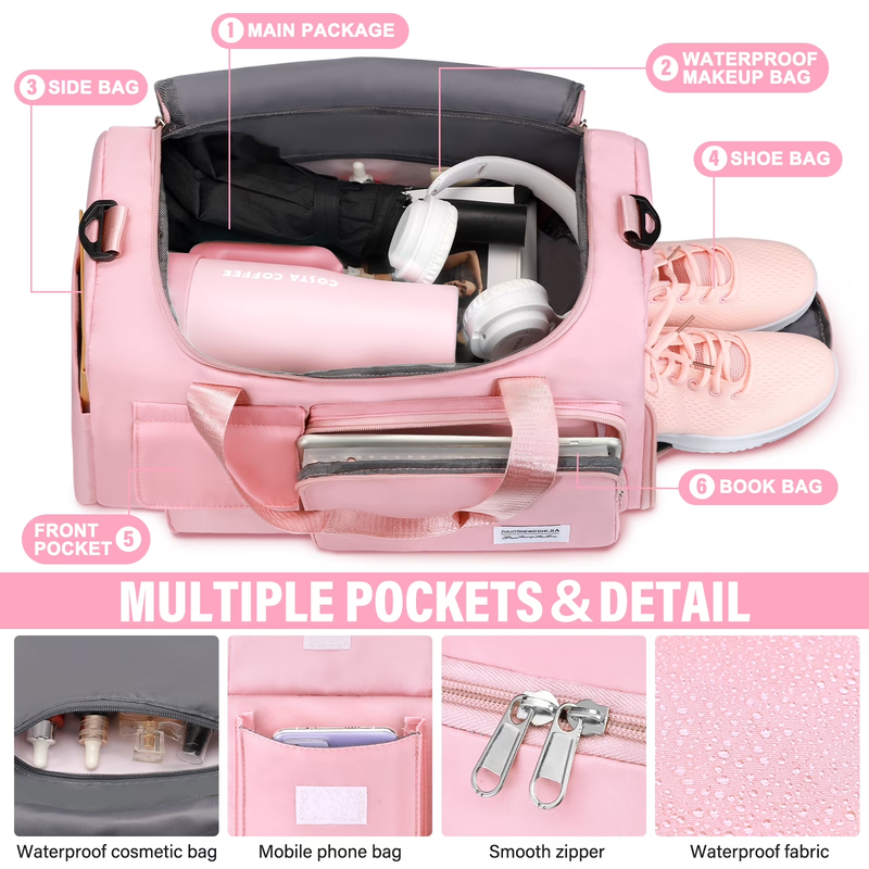 Gym Bag Women Shoe Compartment Dry Wet Travel Weekender Overnight Pink2