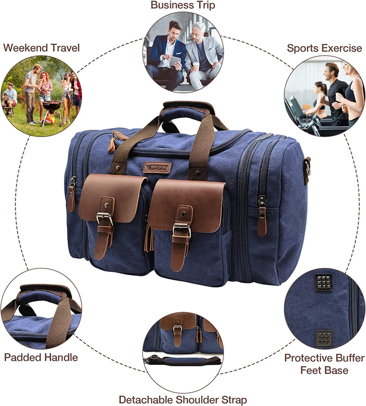 Travel Duffel Bag 50L Expandable Canvas Leather Carry On Bag Weekender3