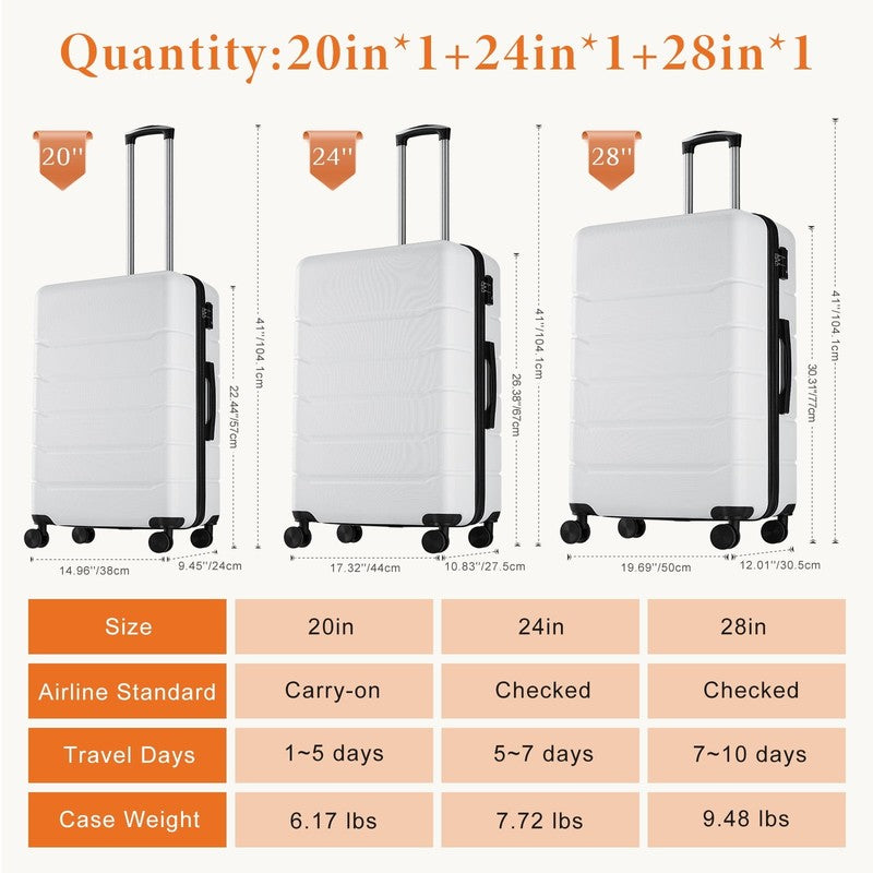 3-Piece Hard Shell Luggage Set ABS Expandable Spinner TSA Lock White8
