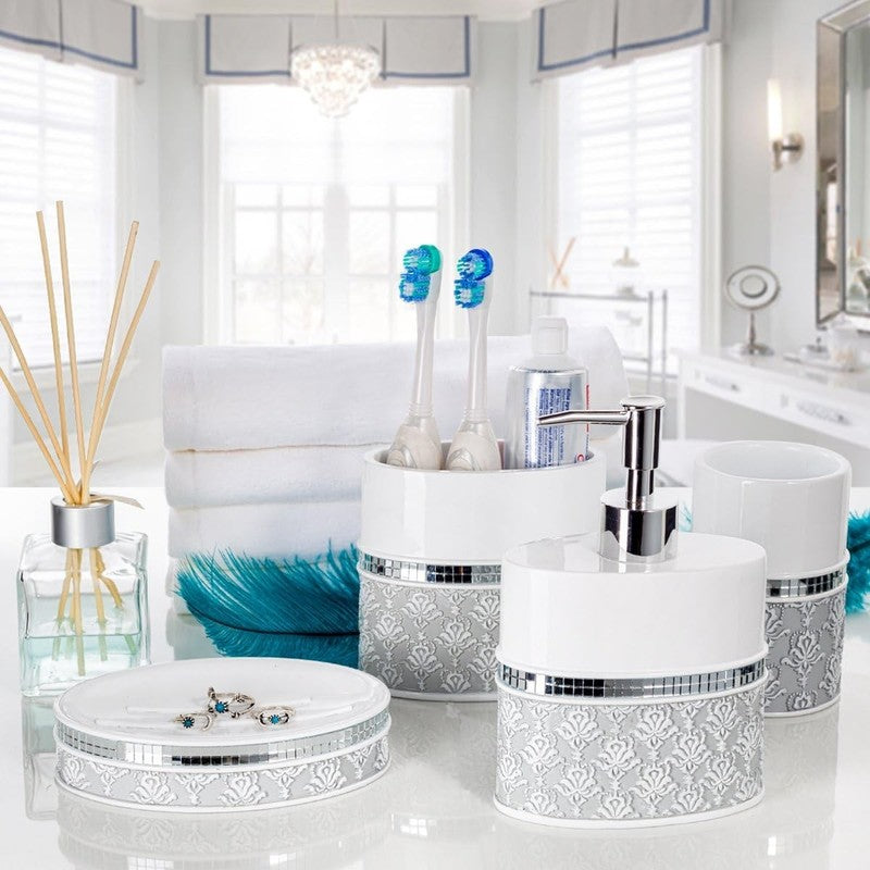 Elegant Mirror Damask 4-Piece Bathroom Accessory Set in White and Gray1