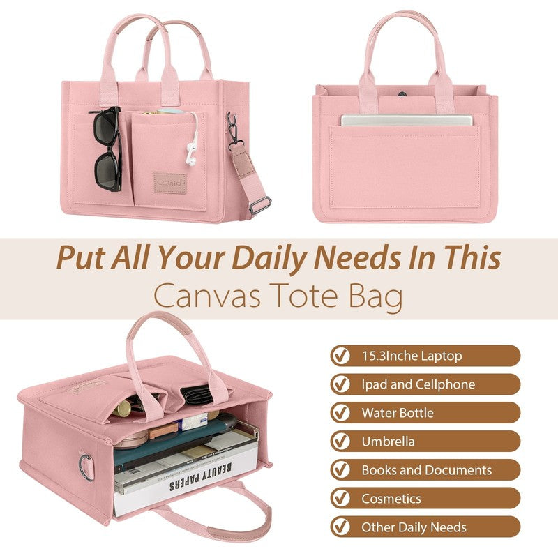 Canvas Tote Bag for Women with Pockets Laptop Work Crossbody Satchel Pink1