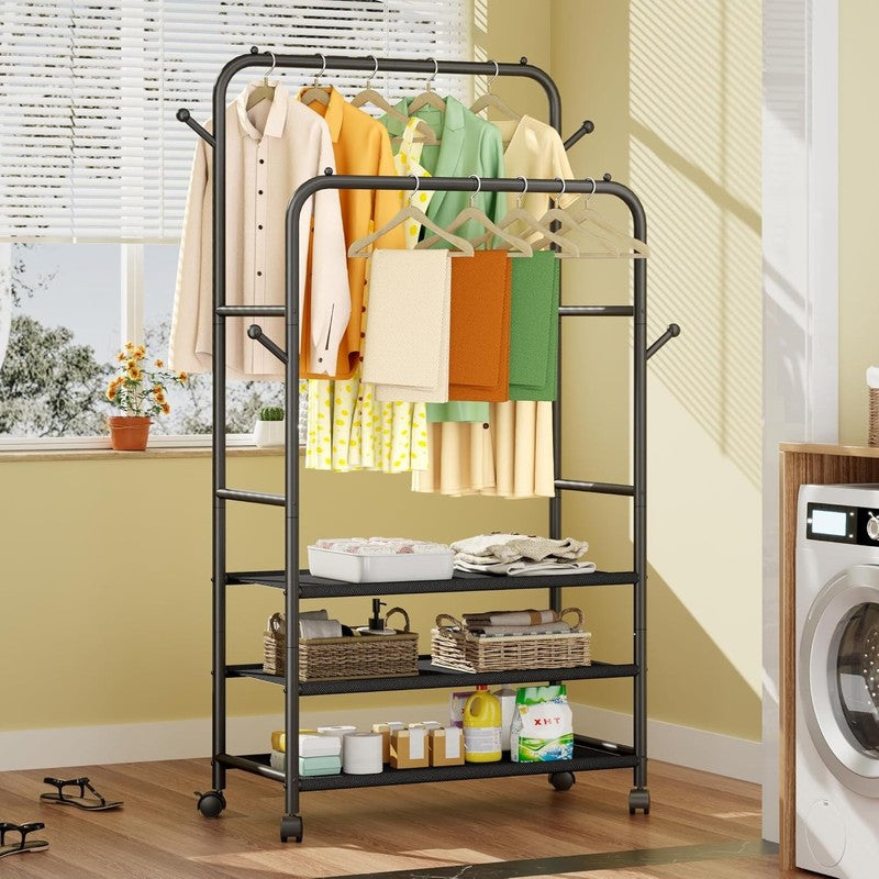 Rolling Clothes Rack 3-Tier Portable Garment Organizer with Wheels, Black8