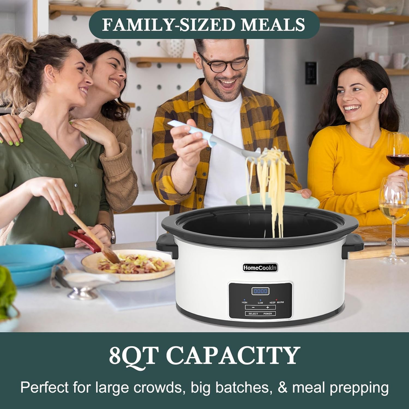 8Qt Programmable Slow Cooker Timer Keep Warm 6+ Servings White Black Liner6