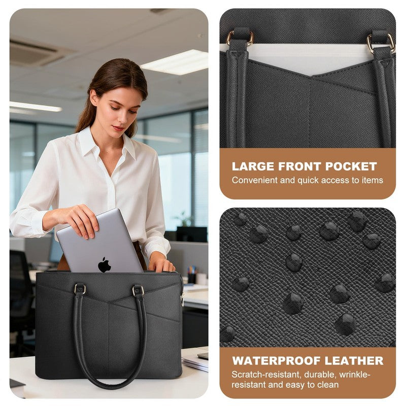 15.6 Inch Leather Laptop Tote Bag Waterproof Work Office Briefcase Black1