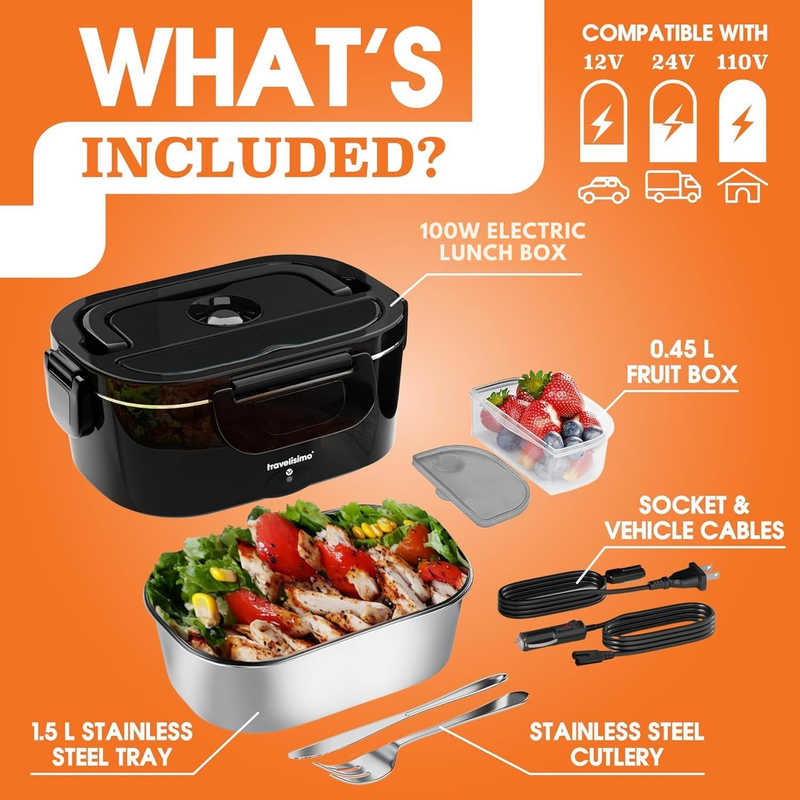 Electric Lunch Box 100W Food Warmer 1.5L Stainless Steel 12V/24V/110V4