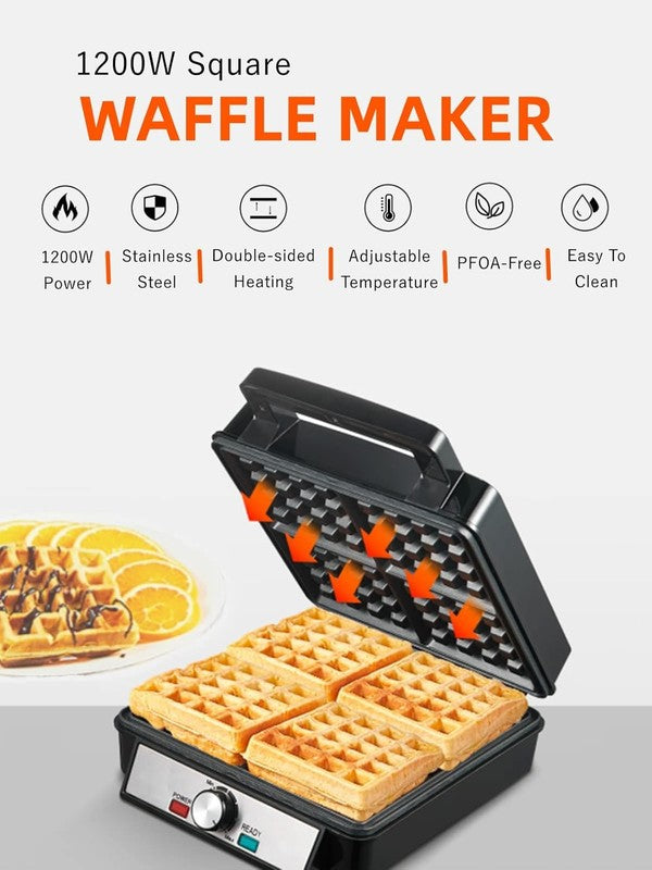 Belgian Waffle Maker 1200W 4 Slice Nonstick 5 Browning Levels Black Stainless1