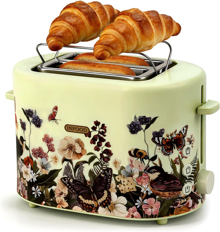 Retro 2 Slice Toaster Floral 6 Settings Wide Slots Warming Rack 750W10