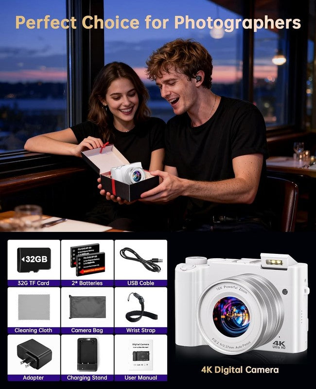 4K Digital Camera 64MP Vlogging Dual-Lens 16X Zoom Anti-Shake 3" Selfie White8