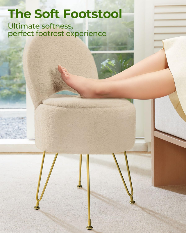 Faux Fur Vanity Stool Chair w/Storage Folding Back Ottoman Camel5