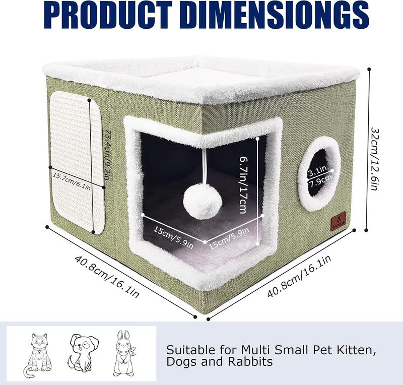Cat Cave Bed for Indoor Cats – Foldable Cat House with Scratch Pad Green1