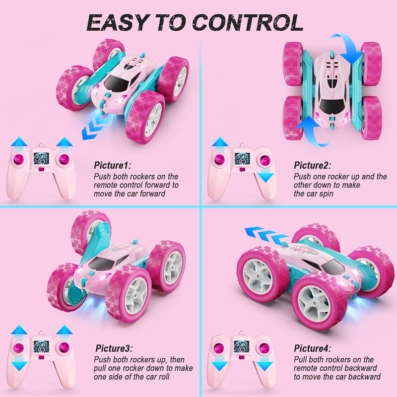 Pink RC Car for Girls 360° Stunt Double Sided Remote Control LED Toy5