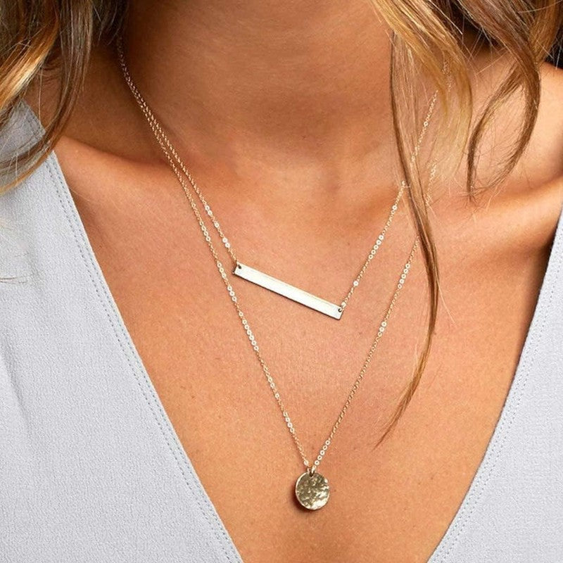 Dainty Layered Choker Necklace 14K Gold Plated Y Bar Disc Pendant for Women5
