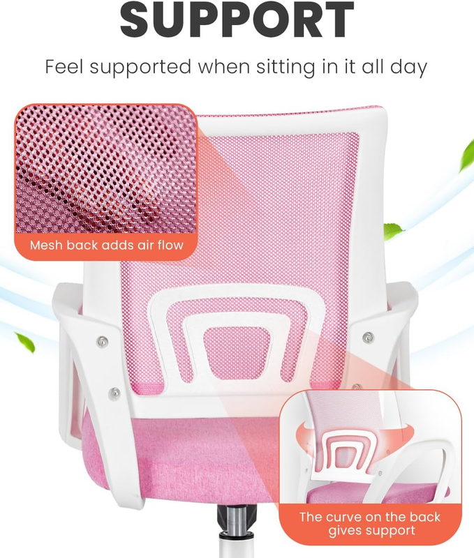 Mesh Office Desk Chair Ergonomic Mid Back Lumbar Support Swivel Pink3