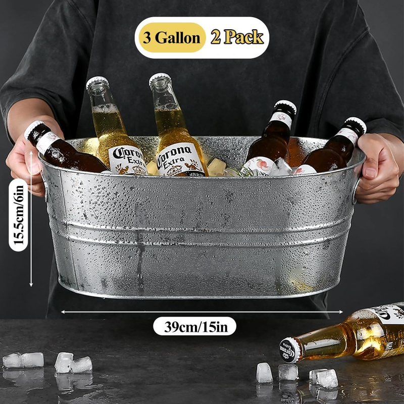 2 Pack Galvanized Ice Buckets 3 Gallon Metal Tub w/ Handles Party Beer Wine3