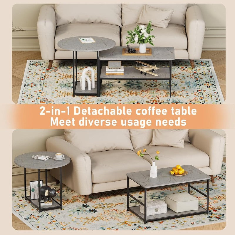2 in 1 Grey Marble Coffee Table Set with Storage, Modern Living Room Table2
